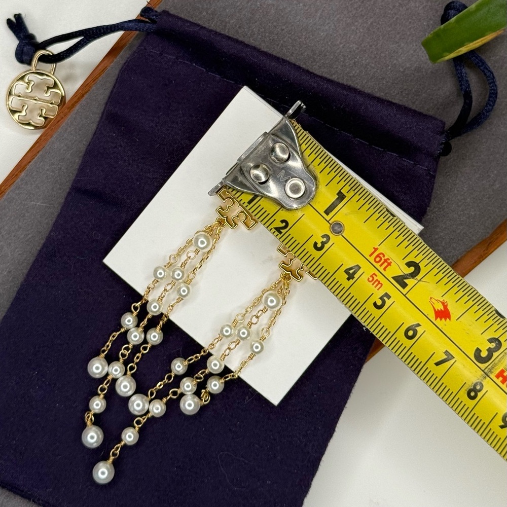 Tory Burch Gold Logo Pearl Tassel Drop Earrings | Statement Dangle - Picture 12 of 12